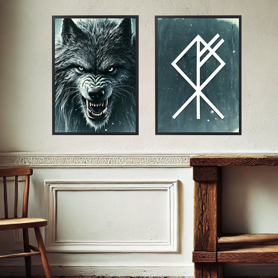 2er Set Wikinger Wandbilder und Wandposter Fenris und Wolfsrune